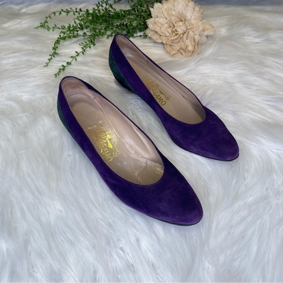 Vintage Suede Ferragamo Wedge Heels Purple Navy Green Size 8.5 Narrow AA - Picture 1 of 11
